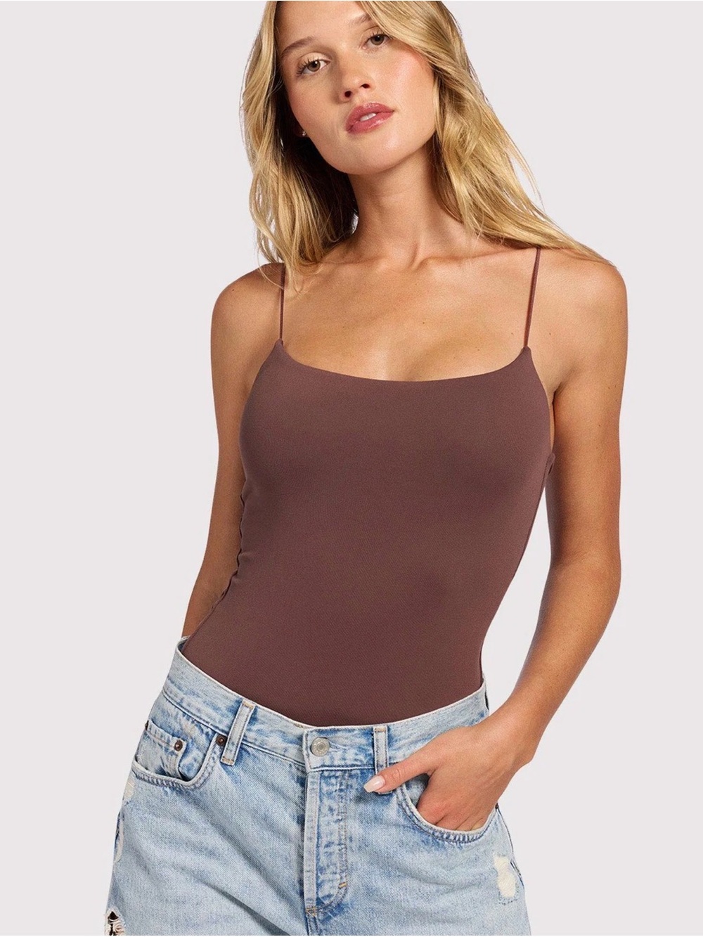 NUUDS The Cami Bodysuit / Slim Fit Adjustable Spaghetti Strap Tank in Coffee L